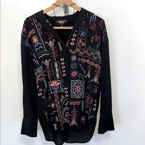 Johnny Was Top Silk Embroidered Oversized Long Sleeve Sz XS